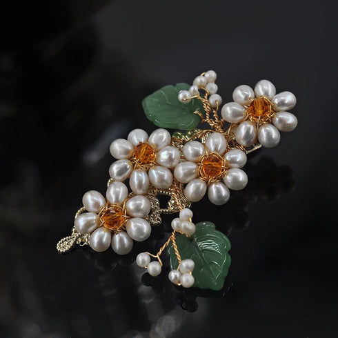 Floral Pearl and Green Leaf Hair Barrette